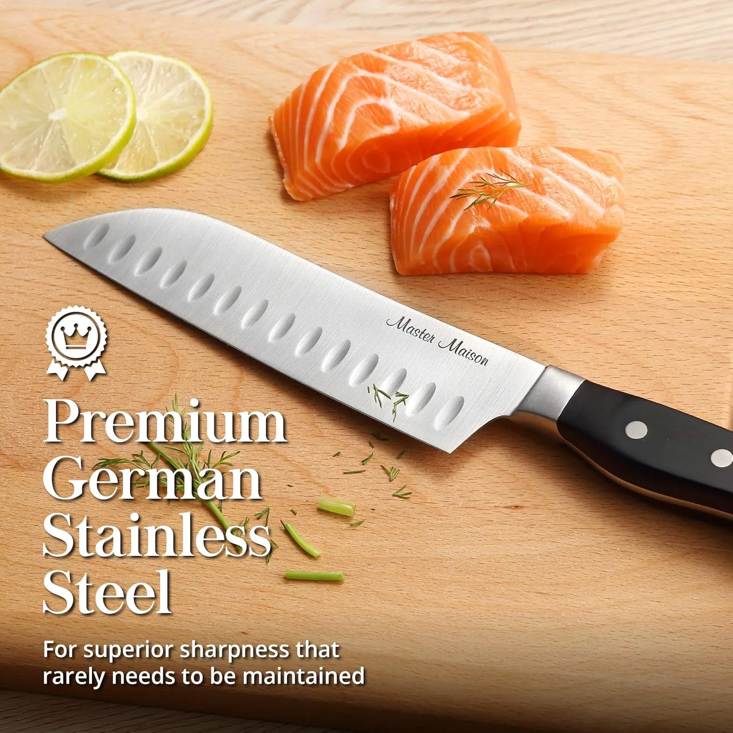 Master Maison 15-Piece Kitchen Knives Set - Wooden Knife Block Set with Sharpener - Chef, Utility, Sontoku, Carving Knife and 6 Steak Knives - Stainless Steel Blades for Professional Cooking - Black