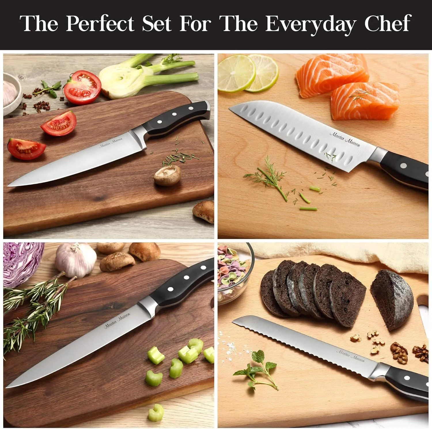 Master Maison 15-Piece Kitchen Knives Set - Wooden Knife Block Set with Sharpener - Chef, Utility, Sontoku, Carving Knife and 6 Steak Knives - Stainless Steel Blades for Professional Cooking - Black