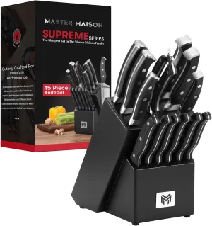 Master Maison 15-Piece Kitchen Knives Set - Wooden Knife Block Set with Sharpener - Chef, Utility, Sontoku, Carving Knife and 6 Steak Knives - Stainless Steel Blades for Professional Cooking - Black