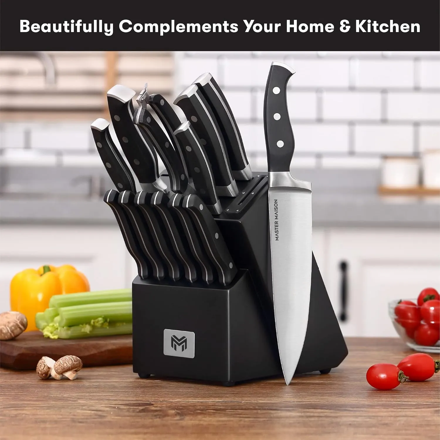 Master Maison 15-Piece Kitchen Knives Set - Wooden Knife Block Set with Sharpener - Chef, Utility, Sontoku, Carving Knife and 6 Steak Knives - Stainless Steel Blades for Professional Cooking - Black
