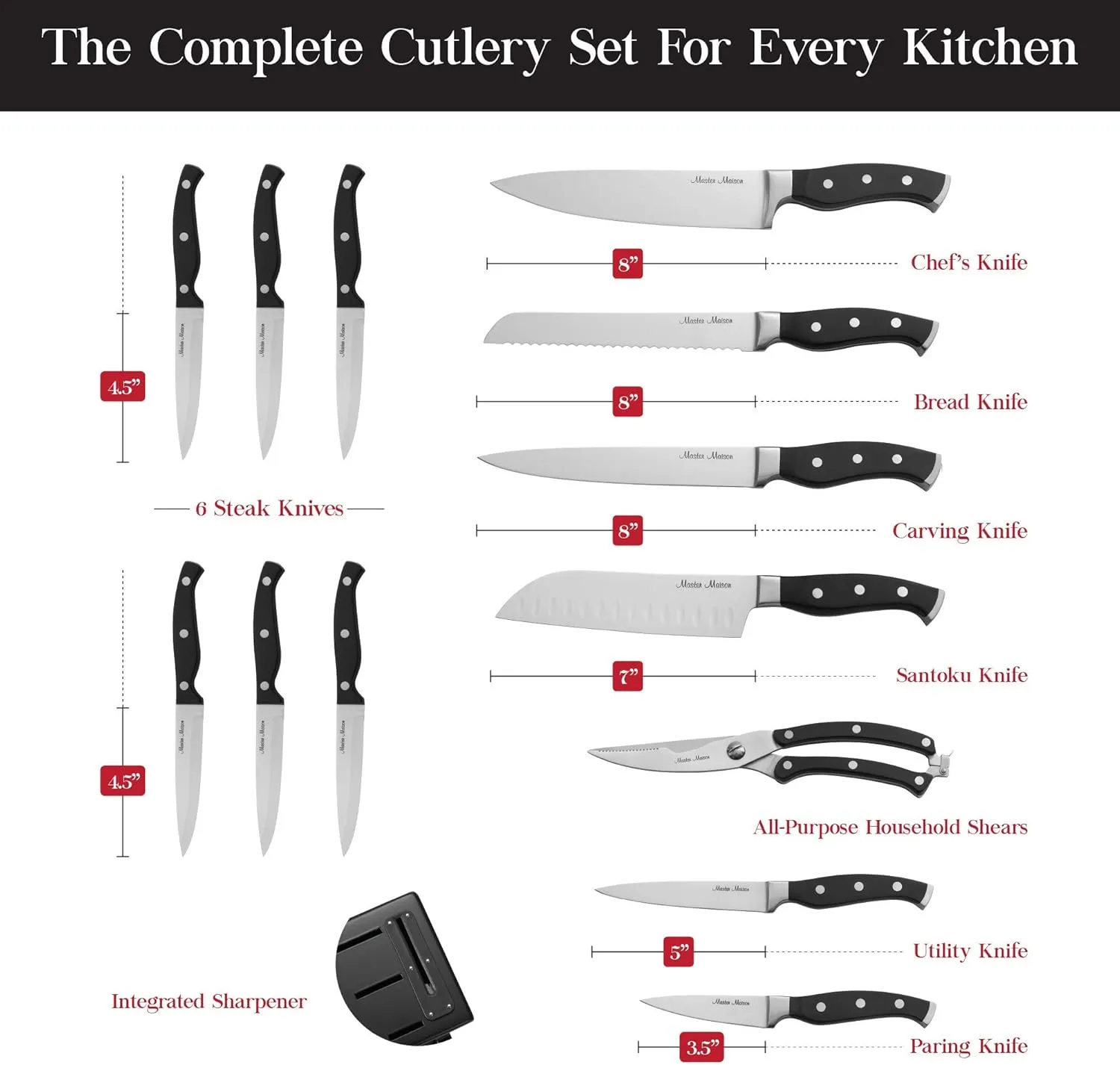 Master Maison 15-Piece Kitchen Knives Set - Wooden Knife Block Set with Sharpener - Chef, Utility, Sontoku, Carving Knife and 6 Steak Knives - Stainless Steel Blades for Professional Cooking - Black