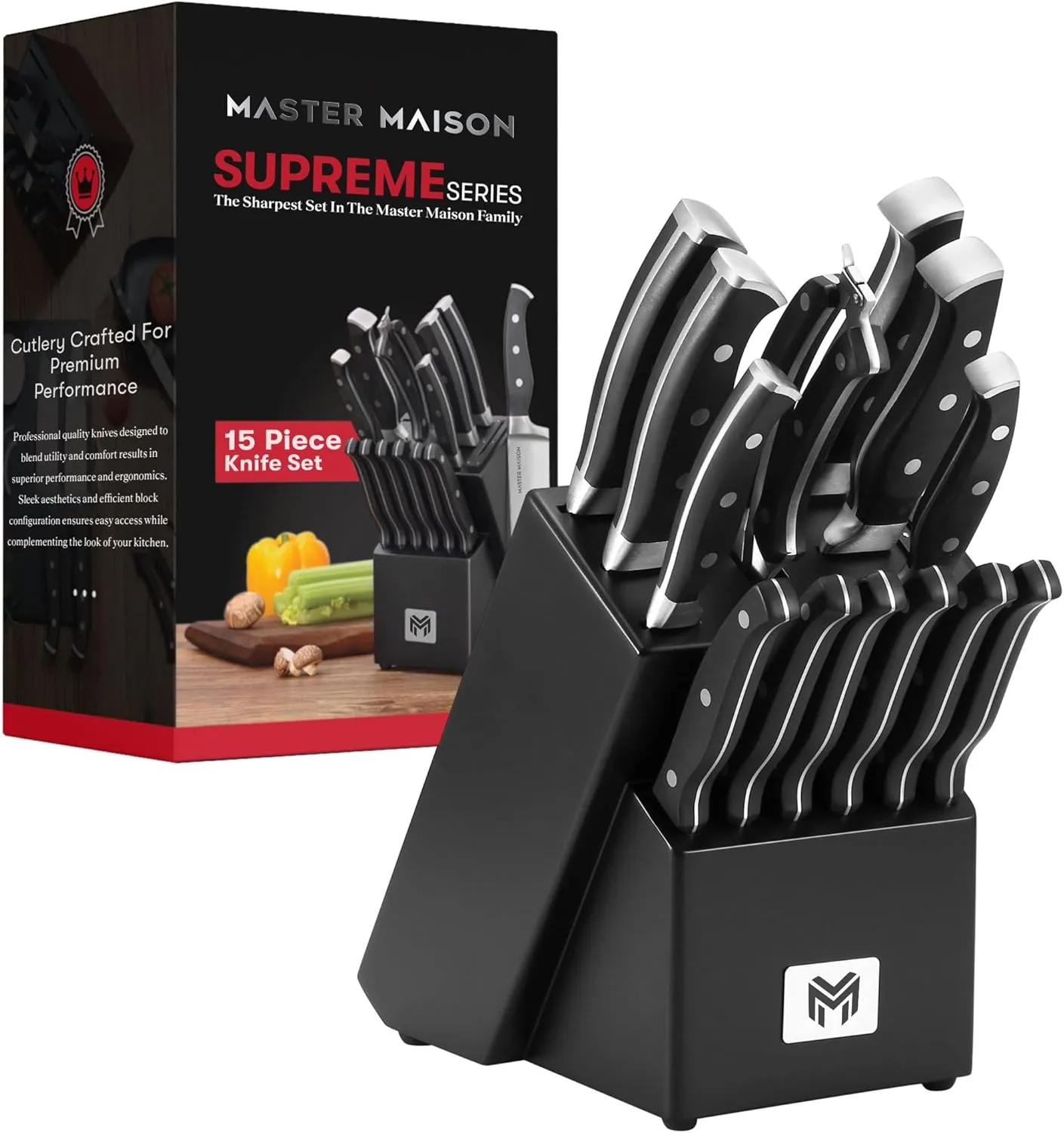 Master Maison 15-Piece Kitchen Knives Set - Wooden Knife Block Set with Sharpener - Chef, Utility, Sontoku, Carving Knife and 6 Steak Knives - Stainless Steel Blades for Professional Cooking - Black