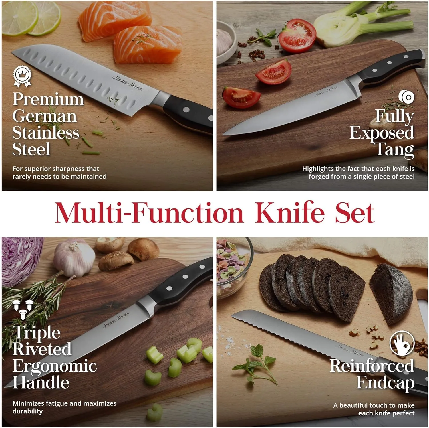Master Maison 15-Piece Kitchen Knives Set - Wooden Knife Block Set with Sharpener - Chef, Utility, Sontoku, Carving Knife and 6 Steak Knives - Stainless Steel Blades for Professional Cooking - Black