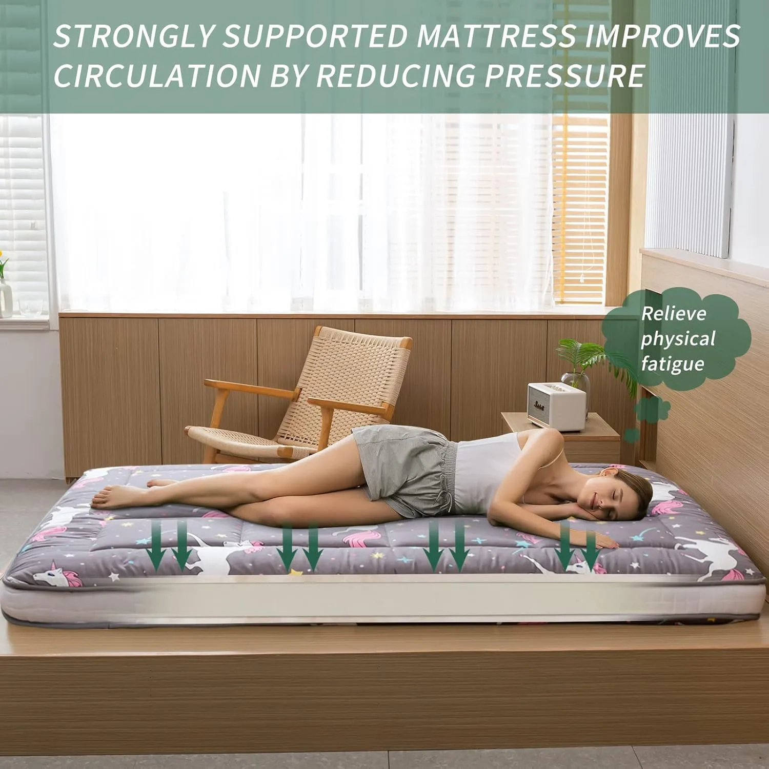 MAXYOYO Futon Mattress, Unicorn Pattern Japanese Floor Mattress Quilted Bed Mattress Topper, Extra Thick Folding Sleeping Pad Breathable Floor Lounger Guest Bed for Camping, Grey, Twin