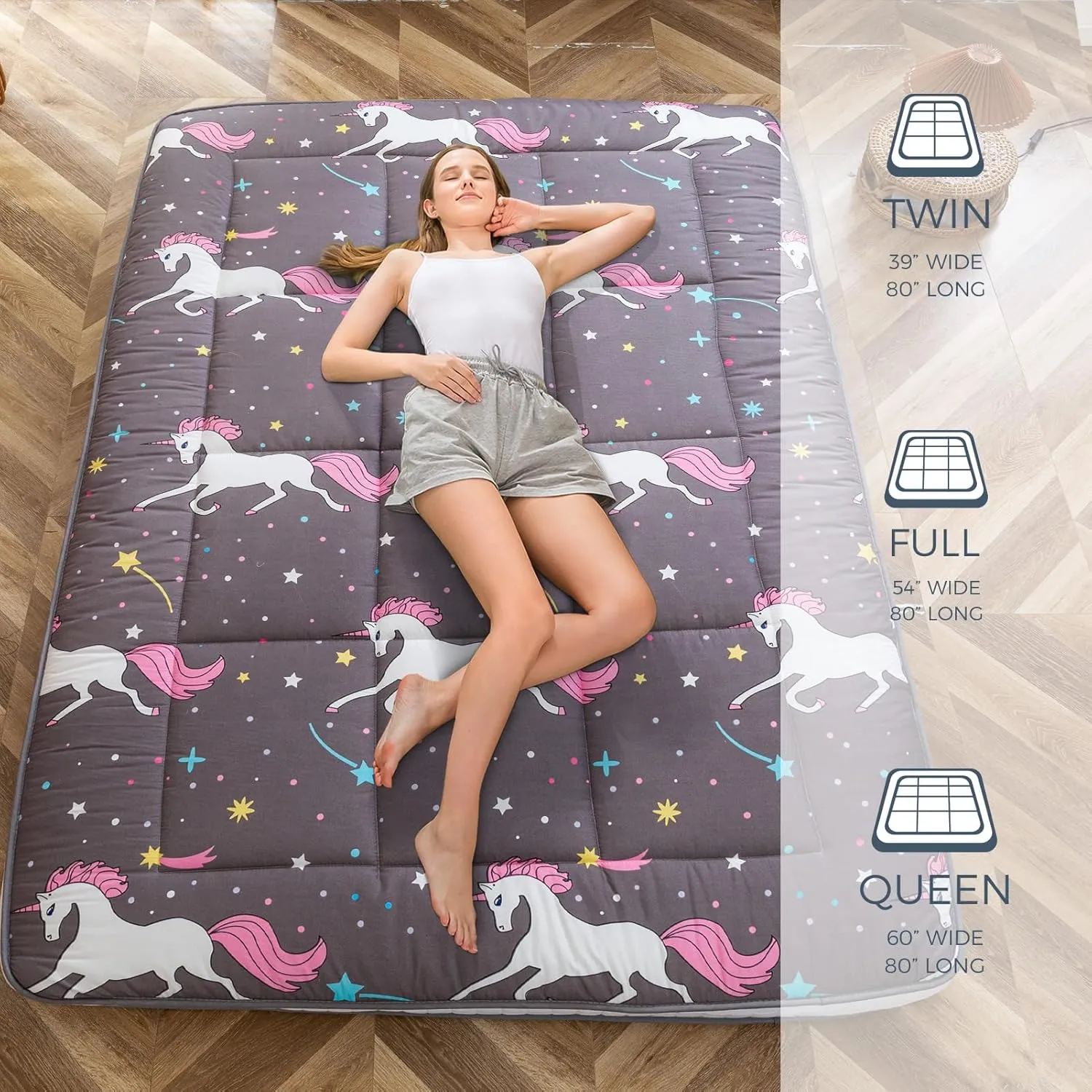 MAXYOYO Futon Mattress, Unicorn Pattern Japanese Floor Mattress Quilted Bed Mattress Topper, Extra Thick Folding Sleeping Pad Breathable Floor Lounger Guest Bed for Camping, Grey, Twin