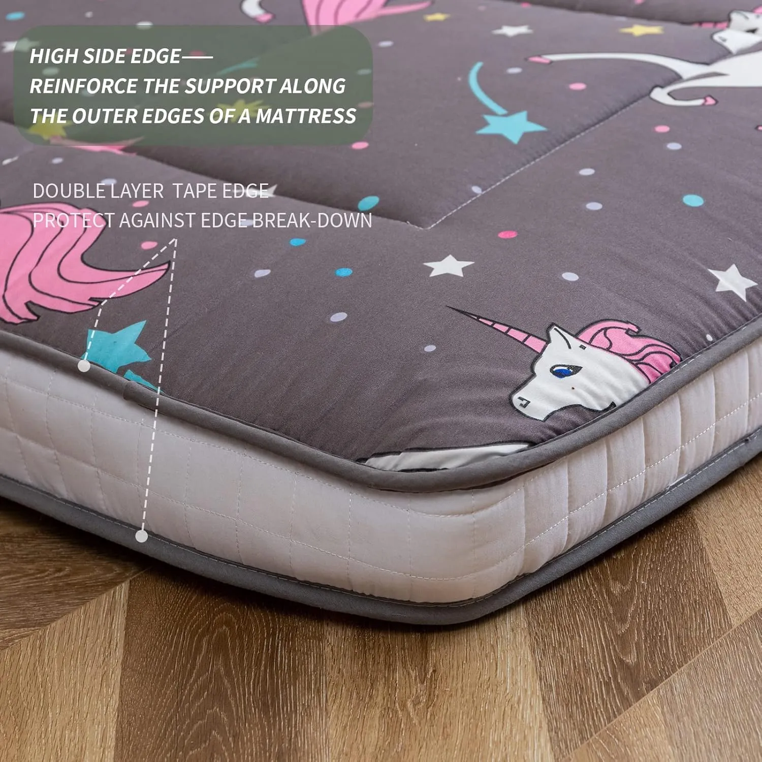 MAXYOYO Futon Mattress, Unicorn Pattern Japanese Floor Mattress Quilted Bed Mattress Topper, Extra Thick Folding Sleeping Pad Breathable Floor Lounger Guest Bed for Camping, Grey, Twin