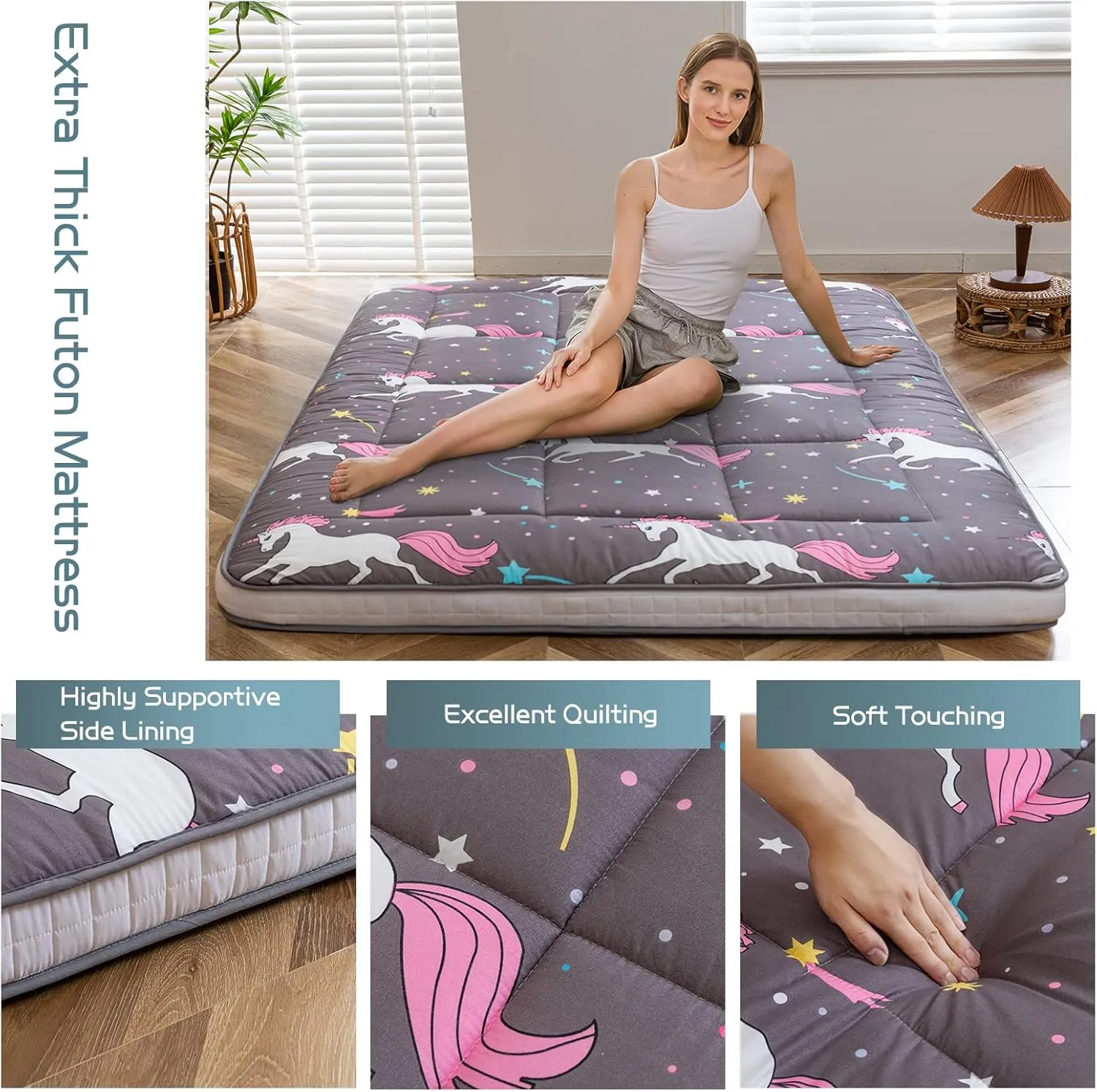 MAXYOYO Futon Mattress, Unicorn Pattern Japanese Floor Mattress Quilted Bed Mattress Topper, Extra Thick Folding Sleeping Pad Breathable Floor Lounger Guest Bed for Camping, Grey, Twin