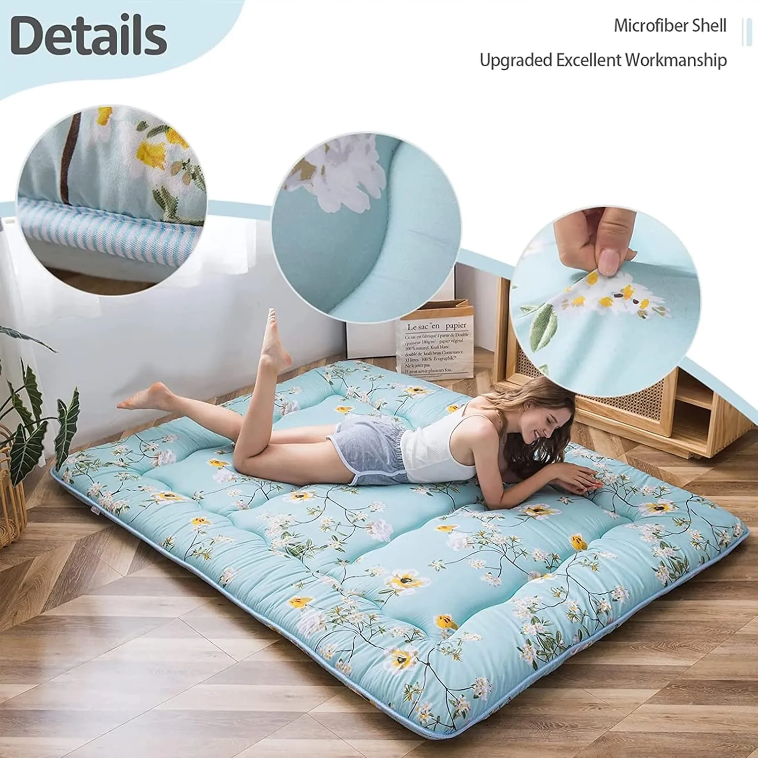 MAXYOYO Rustic Floral Korean Floor Mattress Japanese Futon , Foldable Bed Roll Up Camping Lounger Bed Couches and Sofas Mattress Topper Queen Size