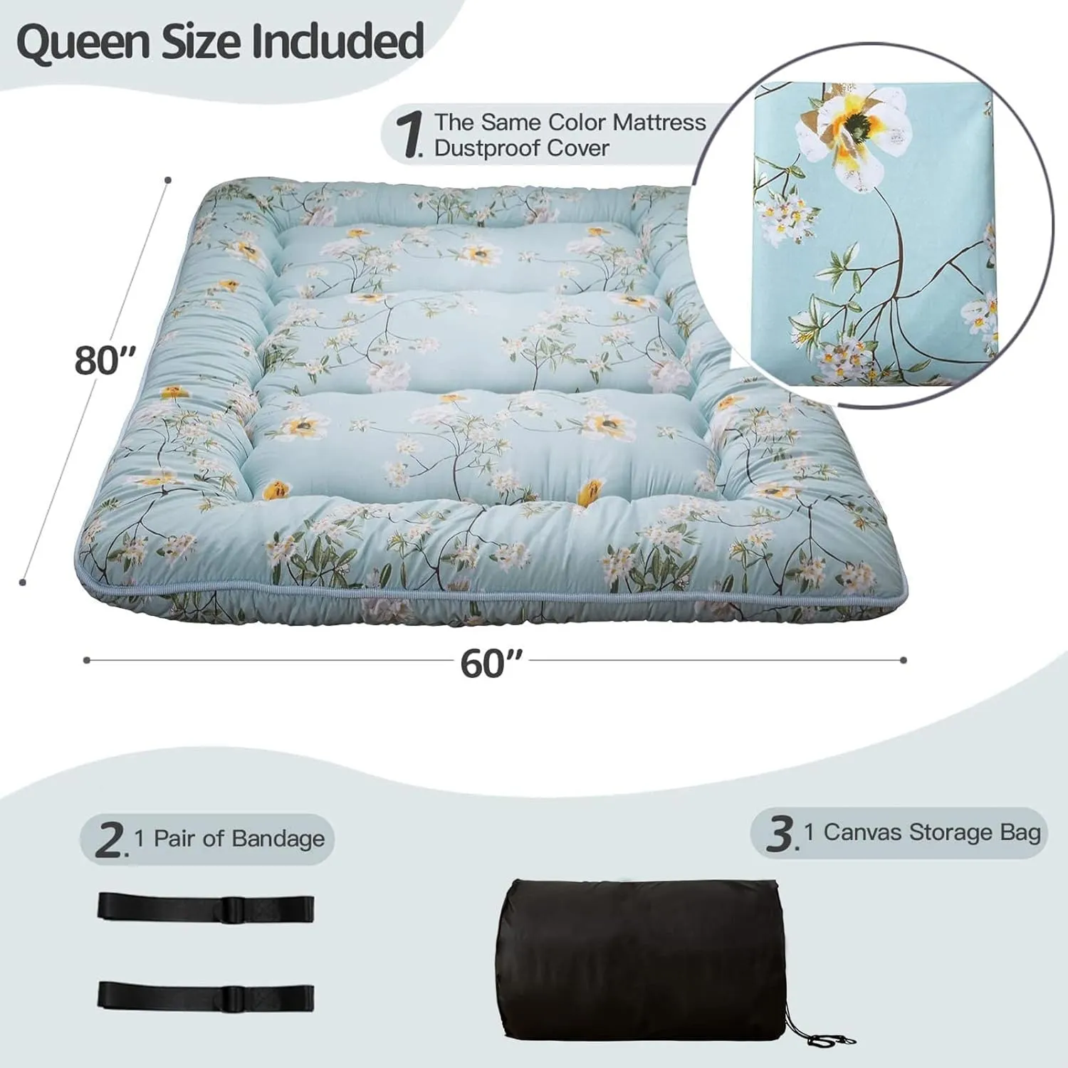 MAXYOYO Rustic Floral Korean Floor Mattress Japanese Futon , Foldable Bed Roll Up Camping Lounger Bed Couches and Sofas Mattress Topper Queen Size