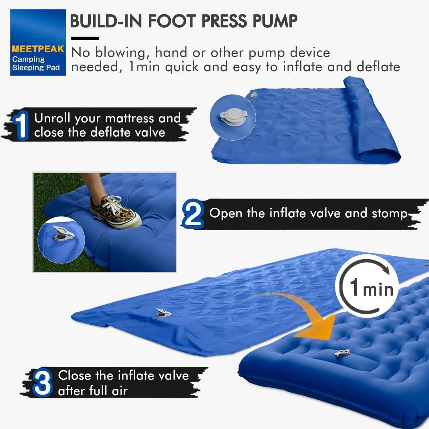MEETPEAK Camping Sleeping Pad, 5 Inch Extra Thickness Inflatable Sleeping Mat Built-in Foot Pump, Compact & Lightweight Camping Air Mattress for Hiking, Traveling, Backpacking, Tent