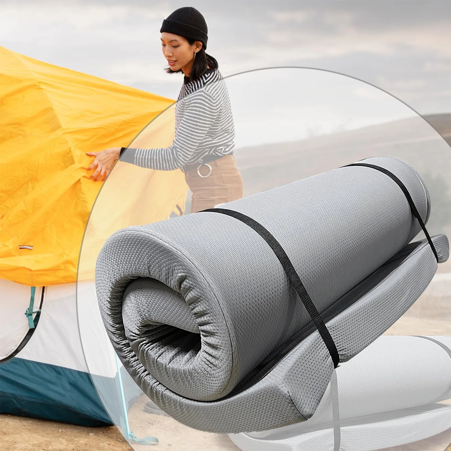 Memory Foam Sleeping Pad - Foldable Floor Camping Mat, Portable Bed Roll-Up Mattress, Water-Resistant Zipper Cover for Outdoors, RVs, Guest Rooms, Dorms