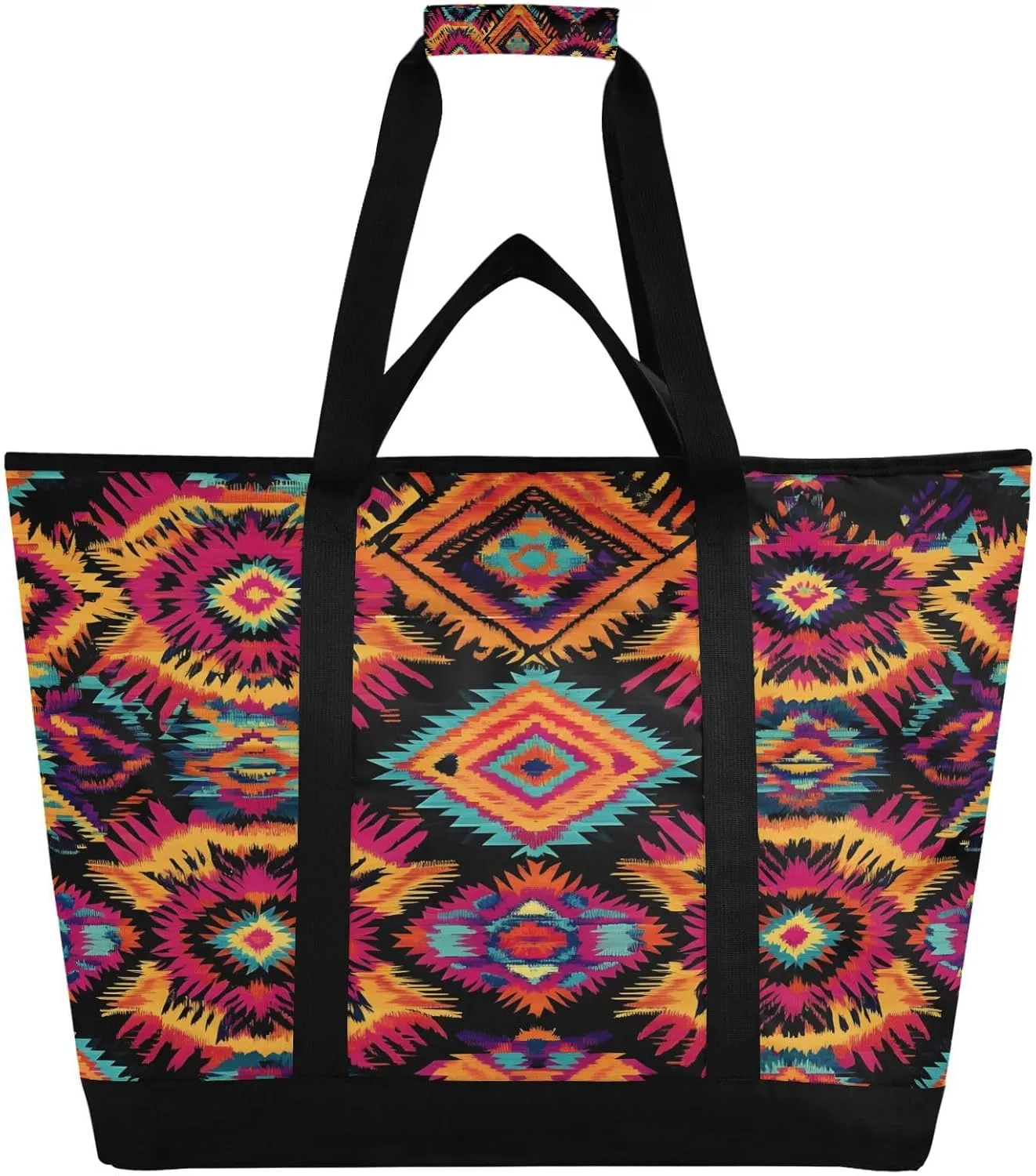 Mexican Style Pattern Reusable Insulated Lunchbox Cooler Bag, Leakproof Kitchen Grocery Bag Collapsible Portable Cooler Tote Bag for Picnic, Camping, Office, Travel