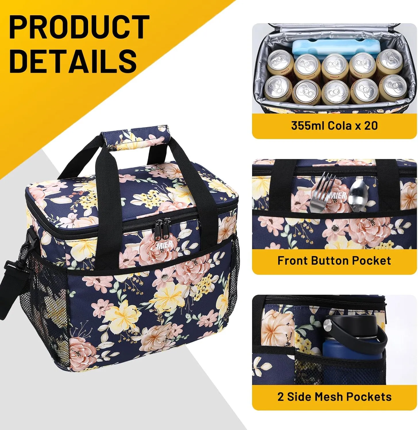 MIER 18L Large Soft Cooler Insulated Picnic Bag for Grocery, Camping, Car, Navy with Flower