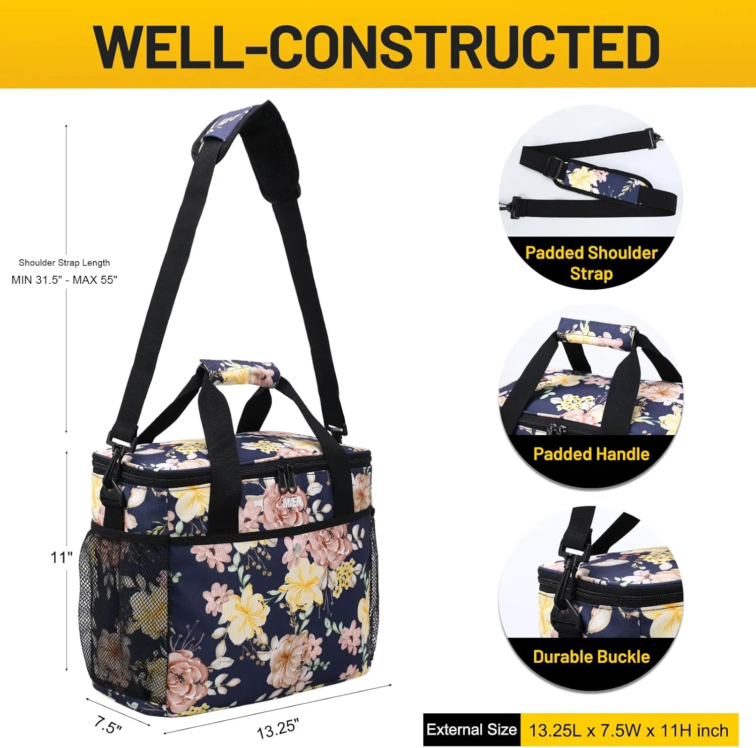 MIER 18L Large Soft Cooler Insulated Picnic Bag for Grocery, Camping, Car, Navy with Flower