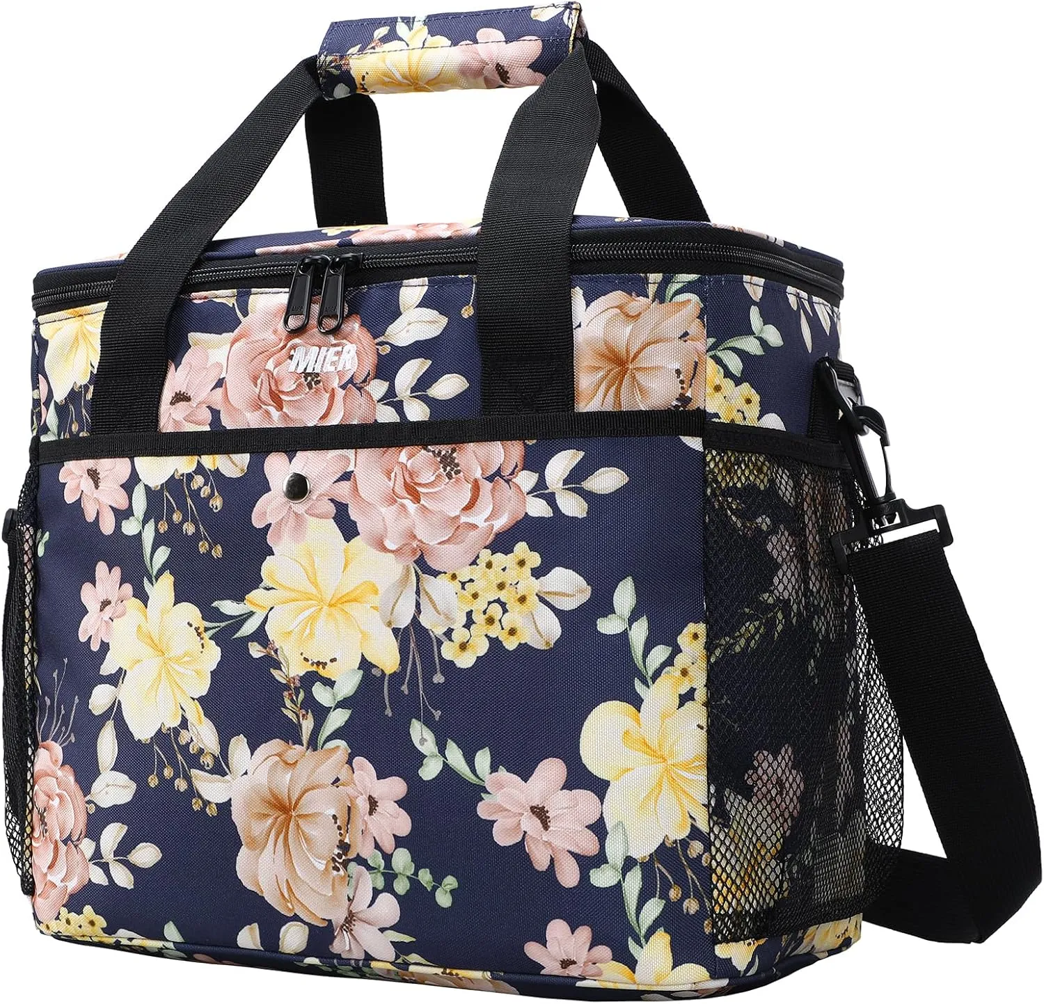 MIER 18L Large Soft Cooler Insulated Picnic Bag for Grocery, Camping, Car, Navy with Flower