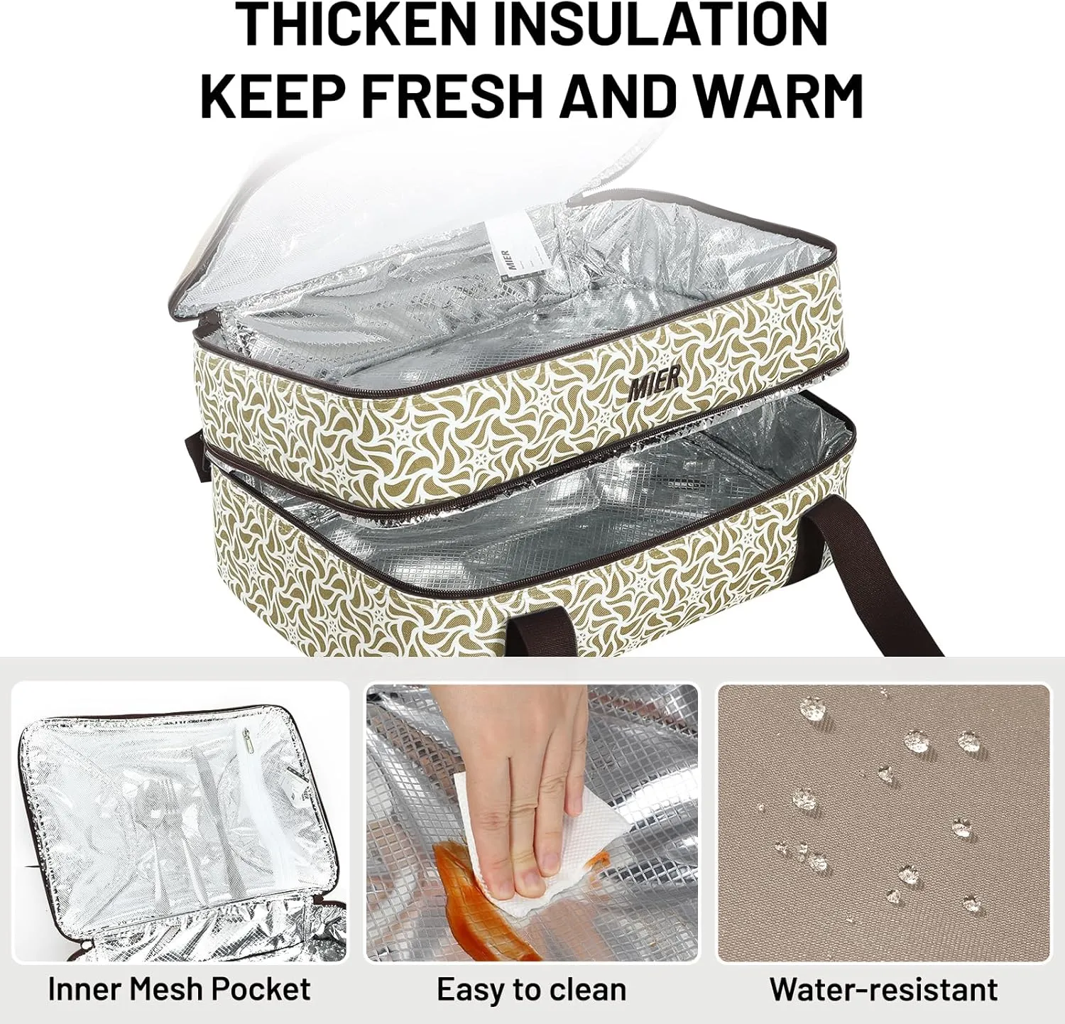 MIER Insulated Casserole Carrier Fits 9"x13" Baking Dishes/Foil Pans, Double Food Carriers Bag Thermal Holder for Hot or Cold Food Lasagna Lugger Potluck Parties Picnic Travel, Khaki