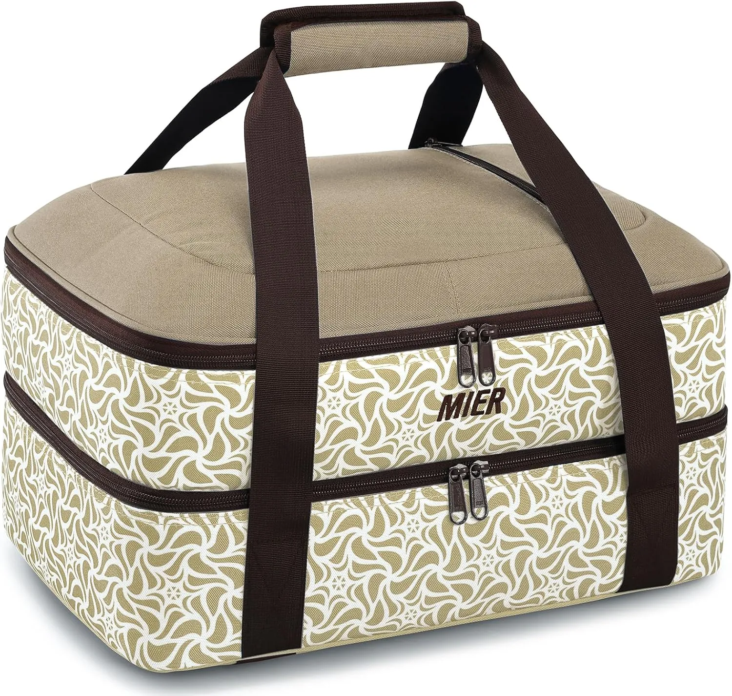 MIER Insulated Casserole Carrier Fits 9"x13" Baking Dishes/Foil Pans, Double Food Carriers Bag Thermal Holder for Hot or Cold Food Lasagna Lugger Potluck Parties Picnic Travel, Khaki