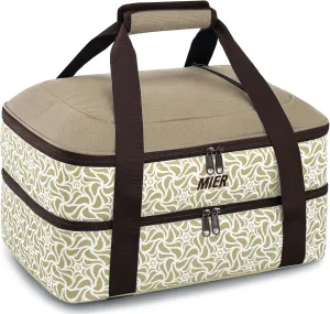 MIER Insulated Casserole Carrier Fits 9"x13" Baking Dishes/Foil Pans, Double Food Carriers Bag Thermal Holder for Hot or Cold Food Lasagna Lugger Potluck Parties Picnic Travel, Khaki