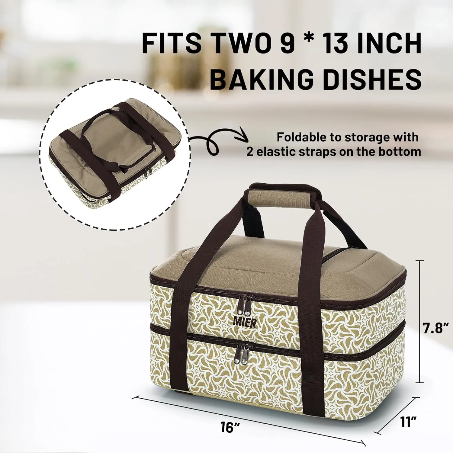 MIER Insulated Casserole Carrier Fits 9"x13" Baking Dishes/Foil Pans, Double Food Carriers Bag Thermal Holder for Hot or Cold Food Lasagna Lugger Potluck Parties Picnic Travel, Khaki