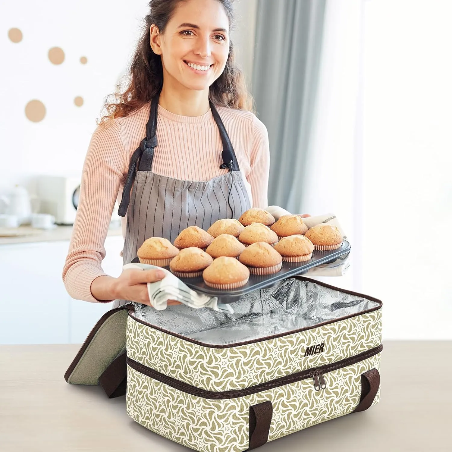 MIER Insulated Casserole Carrier Fits 9"x13" Baking Dishes/Foil Pans, Double Food Carriers Bag Thermal Holder for Hot or Cold Food Lasagna Lugger Potluck Parties Picnic Travel, Khaki