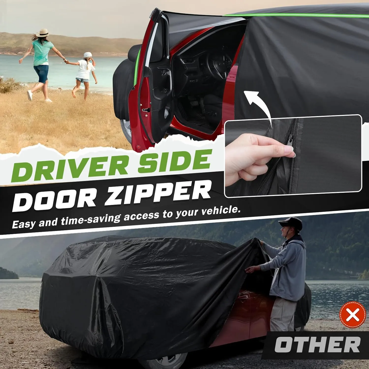 Mixsuper Liner Car Cover for Jeep Compass 2007-2025, Waterproof Car Cover Accessories for Jeep Compass with Zipper Door, Windproof Straps, Reflective Strips, Anti-UV, All Weather