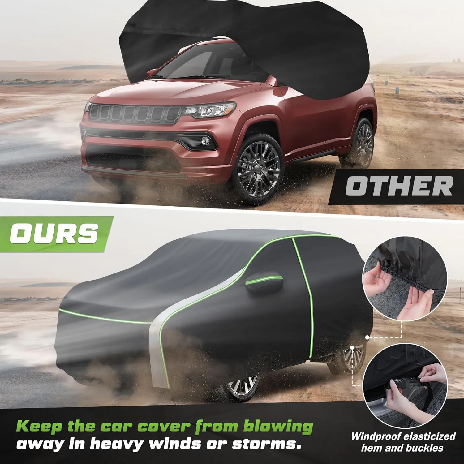 Mixsuper Liner Car Cover for Jeep Compass 2007-2025, Waterproof Car Cover Accessories for Jeep Compass with Zipper Door, Windproof Straps, Reflective Strips, Anti-UV, All Weather