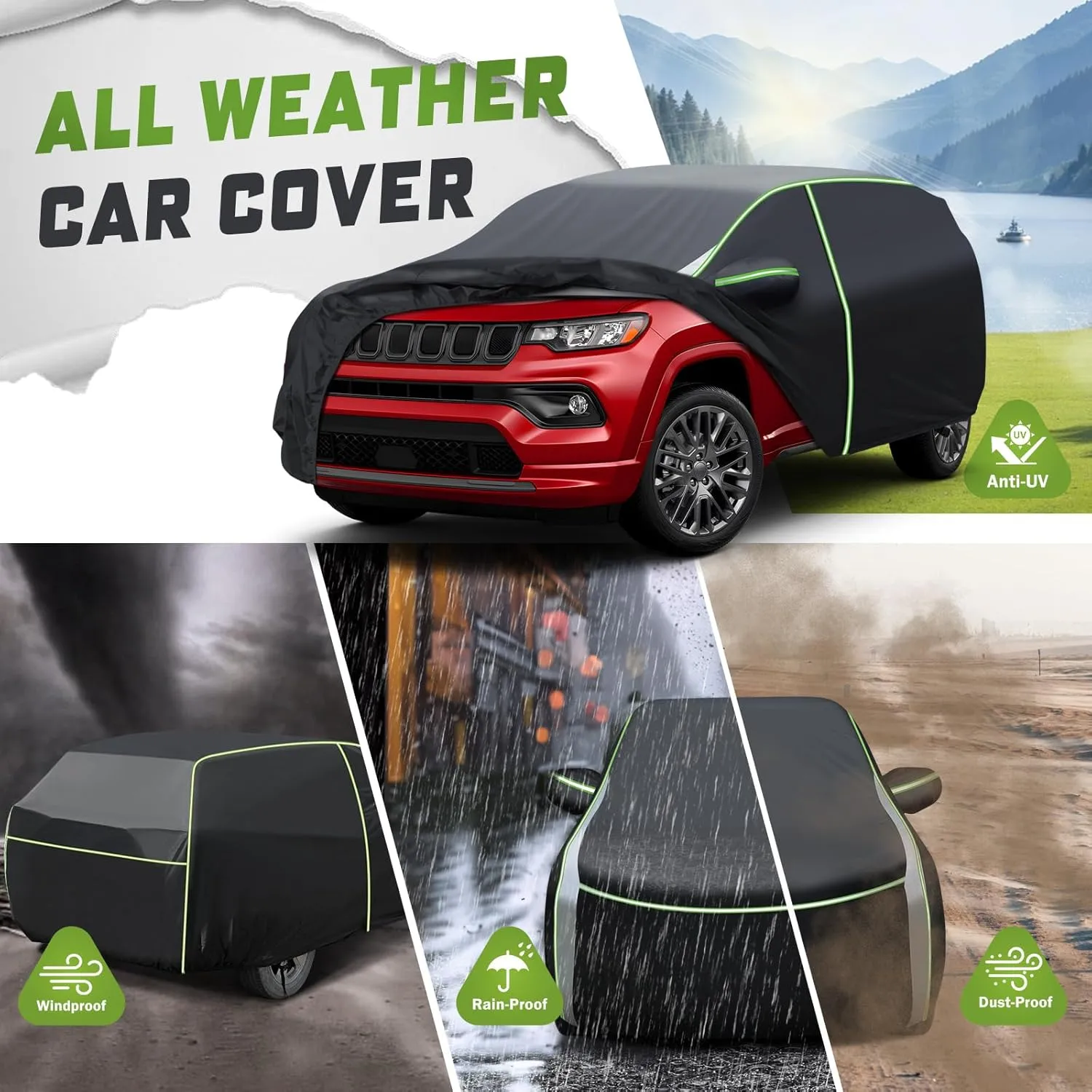 Mixsuper Liner Car Cover for Jeep Compass 2007-2025, Waterproof Car Cover Accessories for Jeep Compass with Zipper Door, Windproof Straps, Reflective Strips, Anti-UV, All Weather