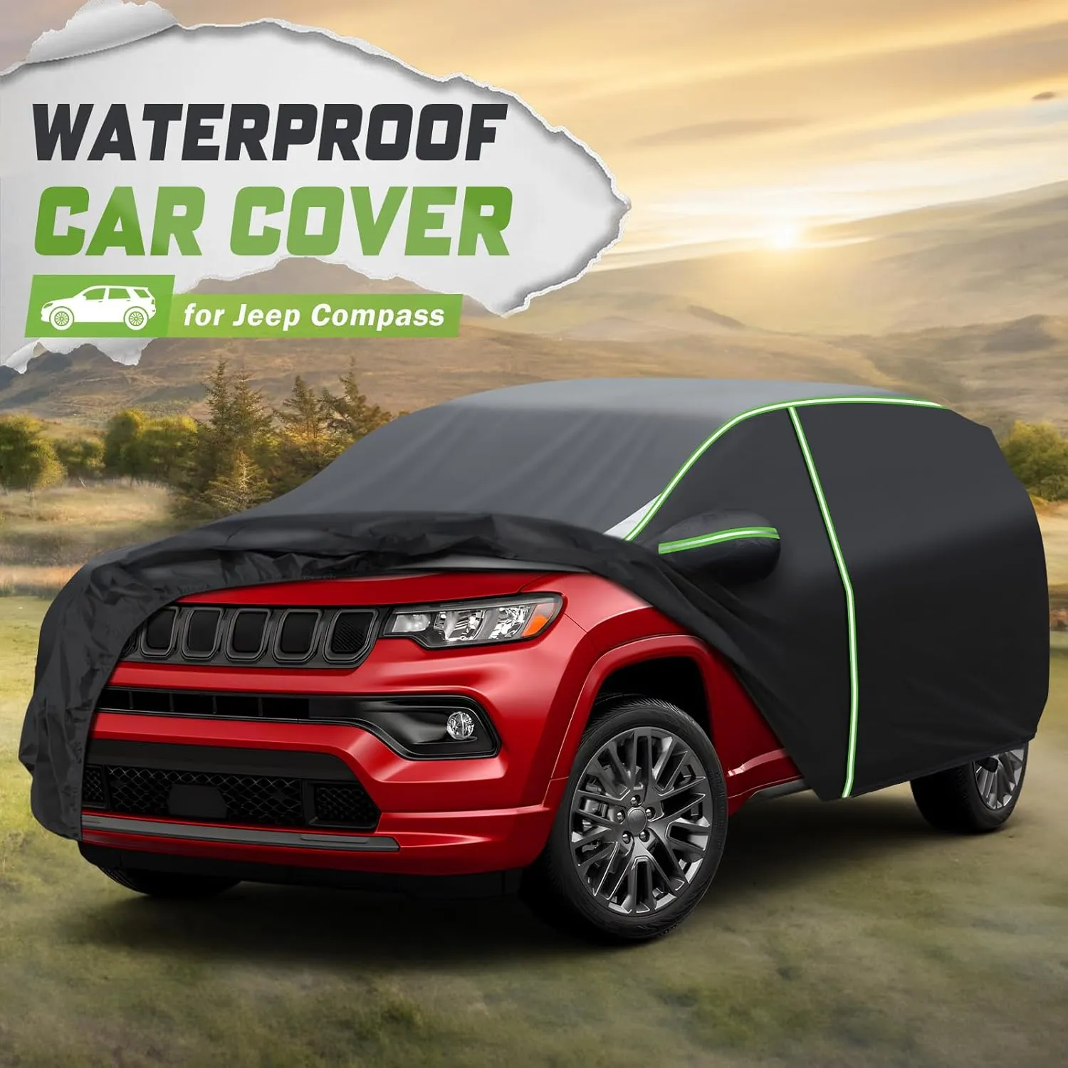 Mixsuper Liner Car Cover for Jeep Compass 2007-2025, Waterproof Car Cover Accessories for Jeep Compass with Zipper Door, Windproof Straps, Reflective Strips, Anti-UV, All Weather
