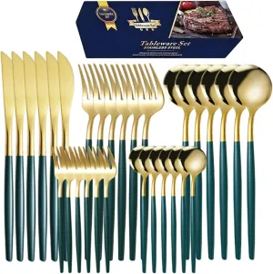 Modern Design Tableware Set For 6, Food Grade Knife And Fork Set, Multifunction Cutlery, For Wedding, Travel, Camping, Party (Color : G-Green Gold, Size : 30 pack)