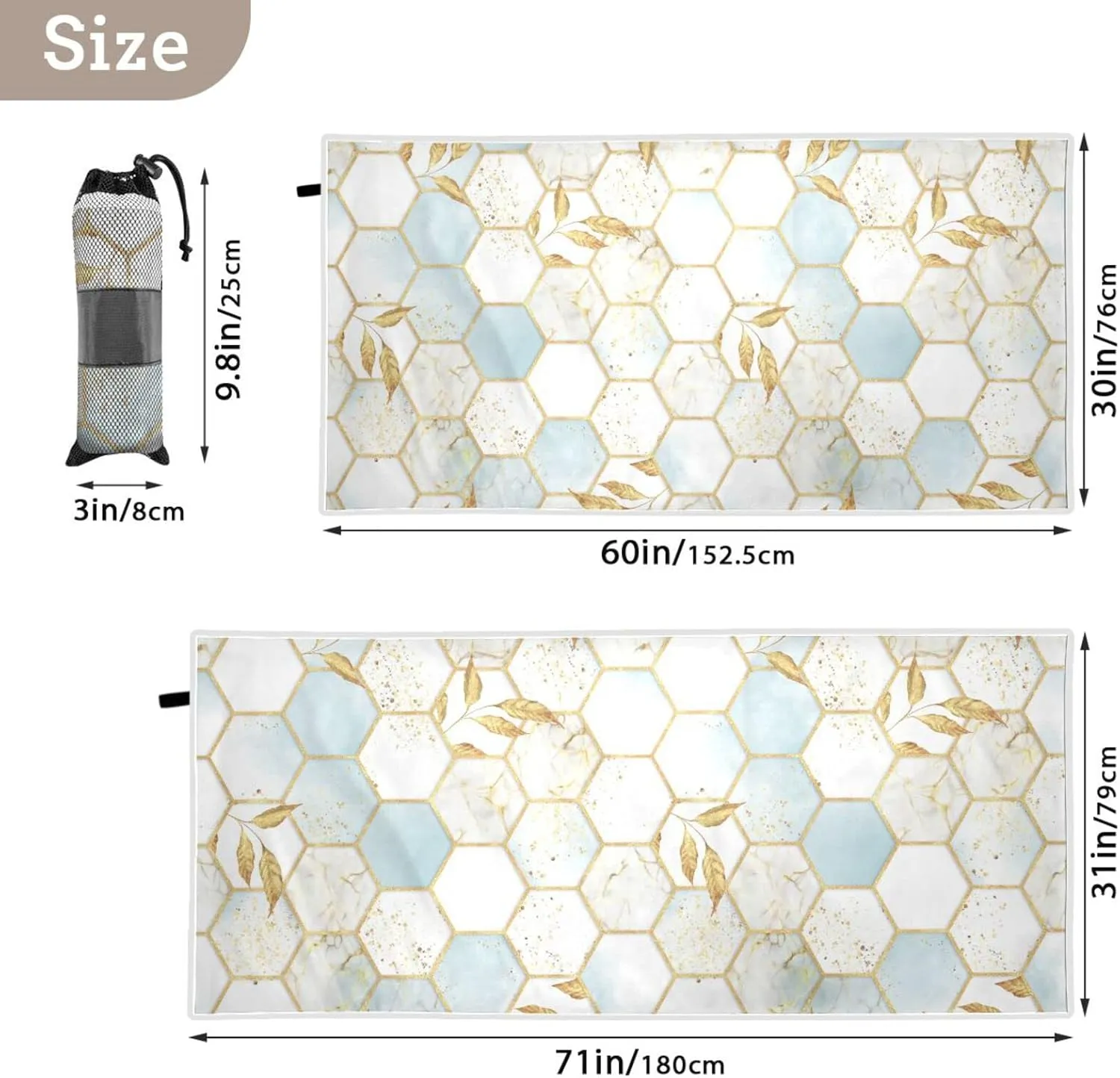 Modern Marbling Gold White Marble Geometric Rhombus with Gold Leaves Quick Drying Beach Towel, Foldable Yoga Towel, Soft Sport Towel, Sweat Absorbent Towel with Storage Mesh Bag 30 x 60 inch (S)