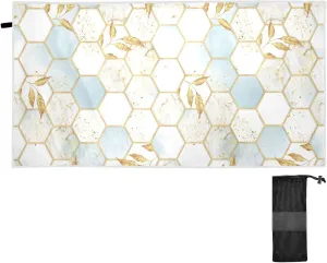 Modern Marbling Gold White Marble Geometric Rhombus with Gold Leaves Quick Drying Beach Towel, Foldable Yoga Towel, Soft Sport Towel, Sweat Absorbent Towel with Storage Mesh Bag 30 x 60 inch (S)
