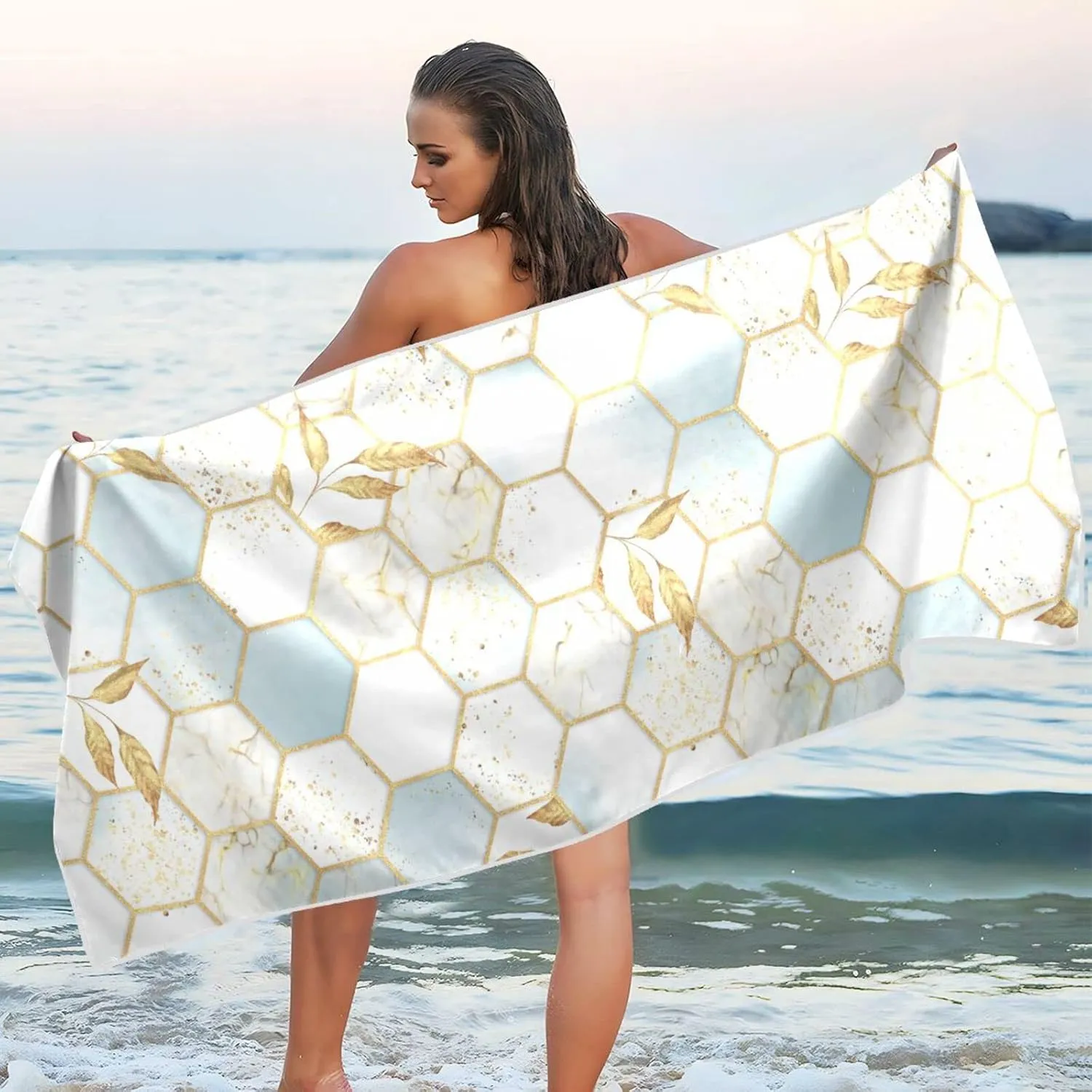 Modern Marbling Gold White Marble Geometric Rhombus with Gold Leaves Quick Drying Beach Towel, Foldable Yoga Towel, Soft Sport Towel, Sweat Absorbent Towel with Storage Mesh Bag 30 x 60 inch (S)