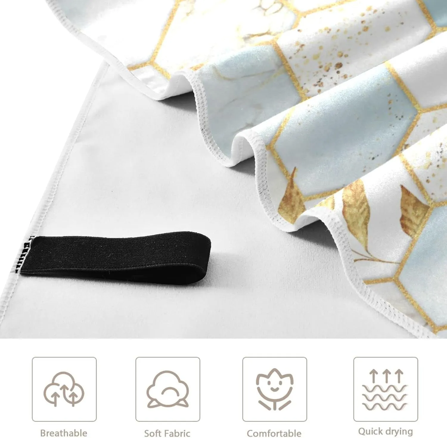 Modern Marbling Gold White Marble Geometric Rhombus with Gold Leaves Quick Drying Beach Towel, Foldable Yoga Towel, Soft Sport Towel, Sweat Absorbent Towel with Storage Mesh Bag 30 x 60 inch (S)