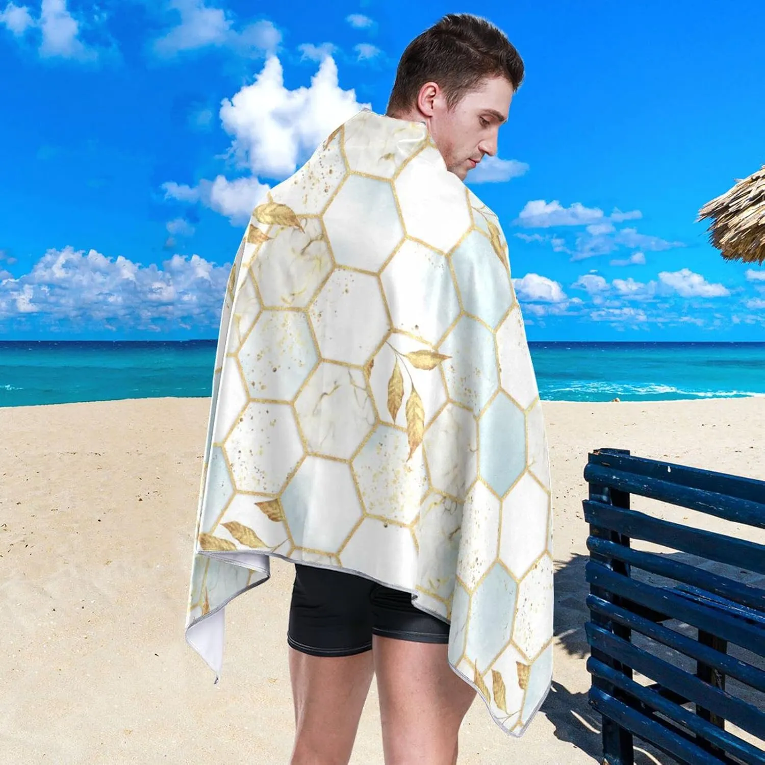 Modern Marbling Gold White Marble Geometric Rhombus with Gold Leaves Quick Drying Beach Towel, Foldable Yoga Towel, Soft Sport Towel, Sweat Absorbent Towel with Storage Mesh Bag 30 x 60 inch (S)