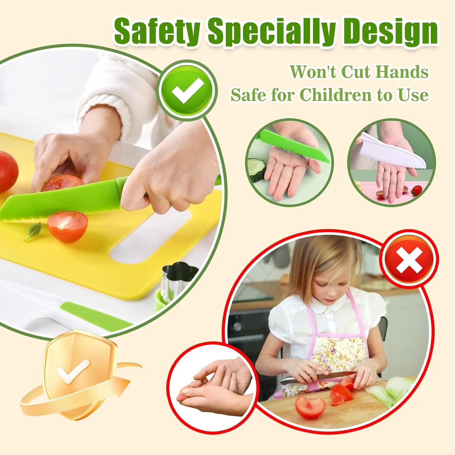 Montessori Kitchen Tools for Toddlers Cooking, Wooden Kids Kitchen Knife Set Include Plastic Toddler Safe Knives, Apron Set, Cutting Board, Sandwich Cutter, Y Peeler, Crinkle Cutter