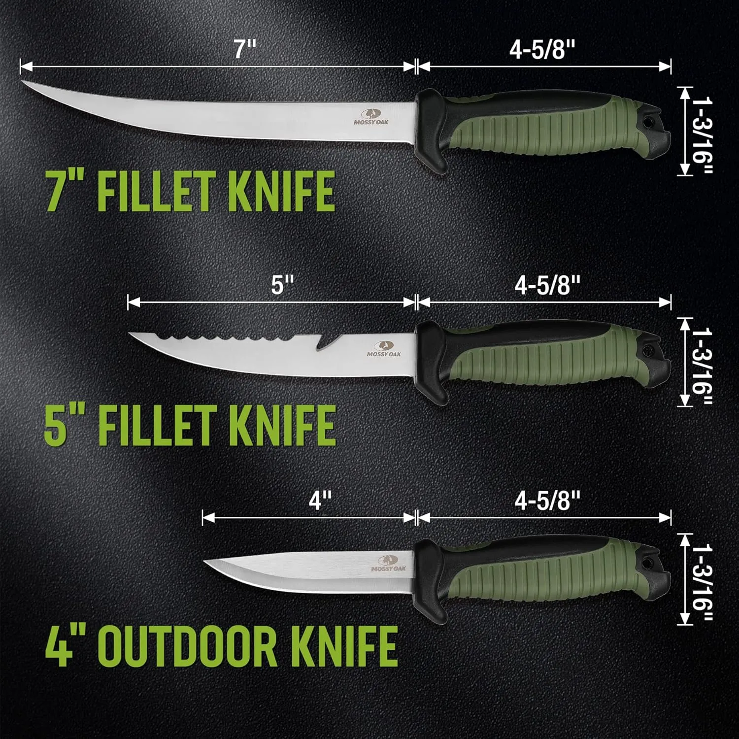 MOSSY OAK 3-Piece Fishing Fillet Knife Set with Protective Sheath, Stainless Steel Filet Knives with Non-Slip Handle, Bait Knife for Filleting and Boning (Military Green)