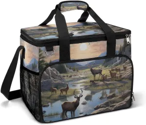 Mountain Wildlife Nature Bear Deer Camping Cooler Bags Insulated Beach Cooler Portable Leak Proof Camping Cooler with Shoulder Strap
