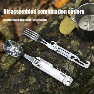 Multifunctional Portable Folding Cutlery Set - Stainless Steel Knife, Fork, Spoon, and Can Opener for Outdoor Camping