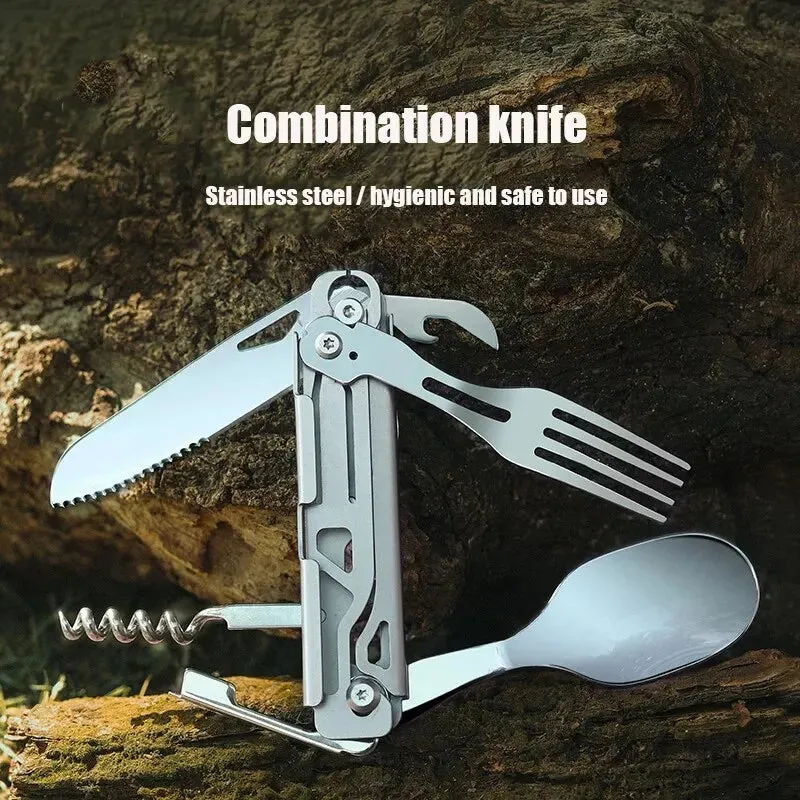 Multifunctional Portable Folding Cutlery Set - Stainless Steel Knife, Fork, Spoon, and Can Opener for Outdoor Camping