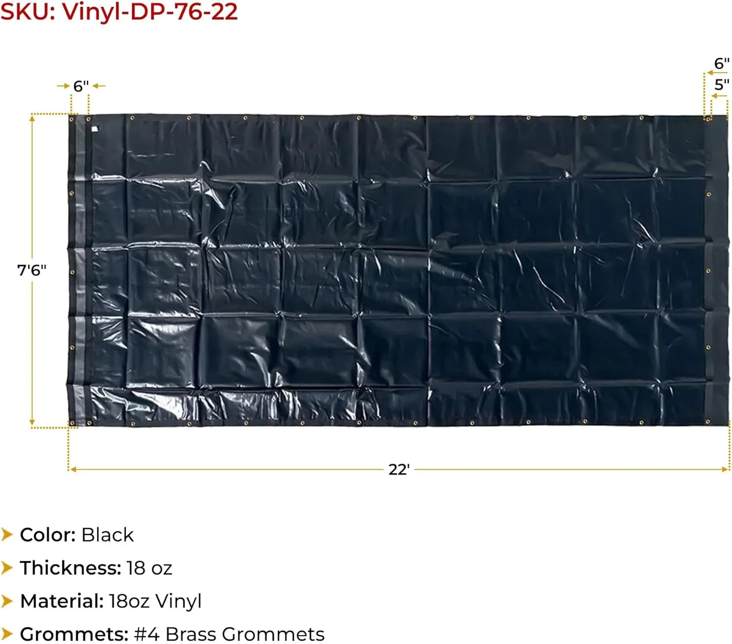 Mytee Products 7'6" x 22' Heavy Duty Tarp with 6" Double Pocket and Brass Grommets - Black, 18 oz Durable, Long-Lasting Vinyl Tarp