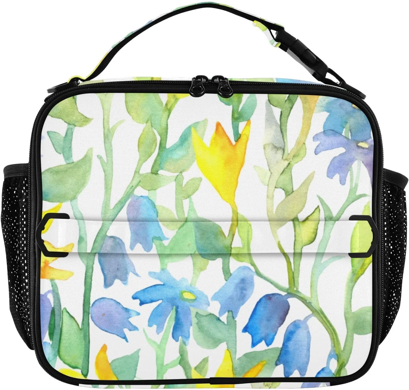 Naive Watercolor Floral Lunch Box Spring Summer Flowers Meal Tote Kids Lunch Bag Insulated Reusable Cooler Soft Shoulder Bag Mini Cooling Back to School