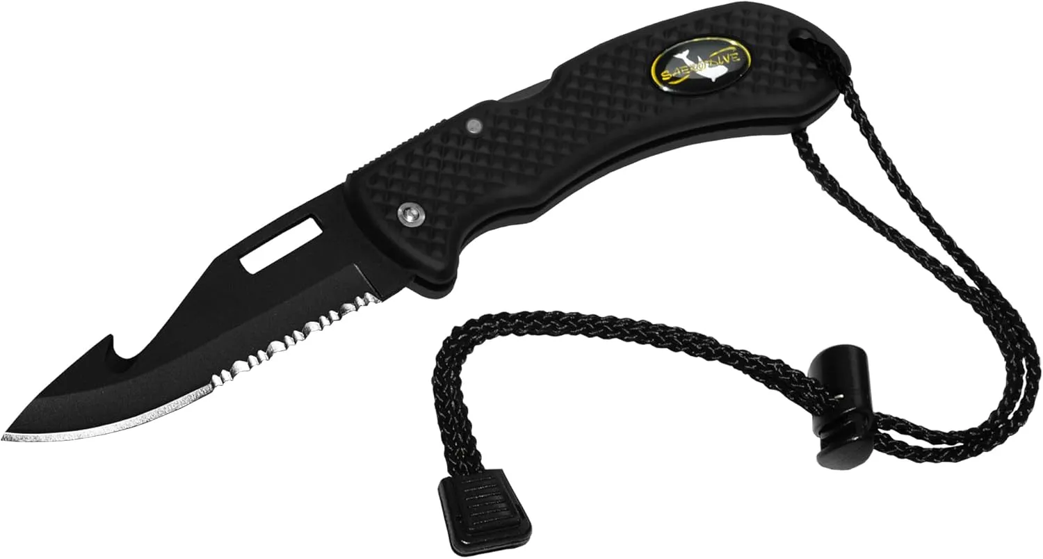 Nami Folding Knife - Wrist Lanyard, Saltwater Resistant - Scuba Diving, Spearfishing, Fishing, Hunting, Camping Gear (Black/S.S.)