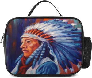 Native Indian Chief Reusable Lunch Bento Box Insulated Portable Handbags for Office Work Picnic for Adult