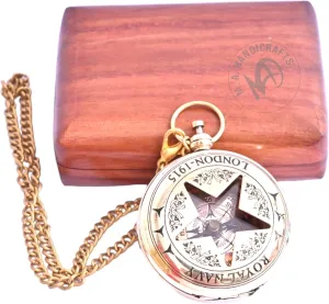 Nautical Brass Star Design Working Compass with Wooden Box Marine Navigational Magnetic Directional Pocket Compass Birthday, New Year