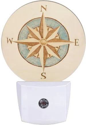 Nautical Compass Night Light Antique Windrose Navigation Wind Rose LED Dusk to Dawn Night Lamp Auto Sensor for Bedroom Bathroom Hallway Living Room