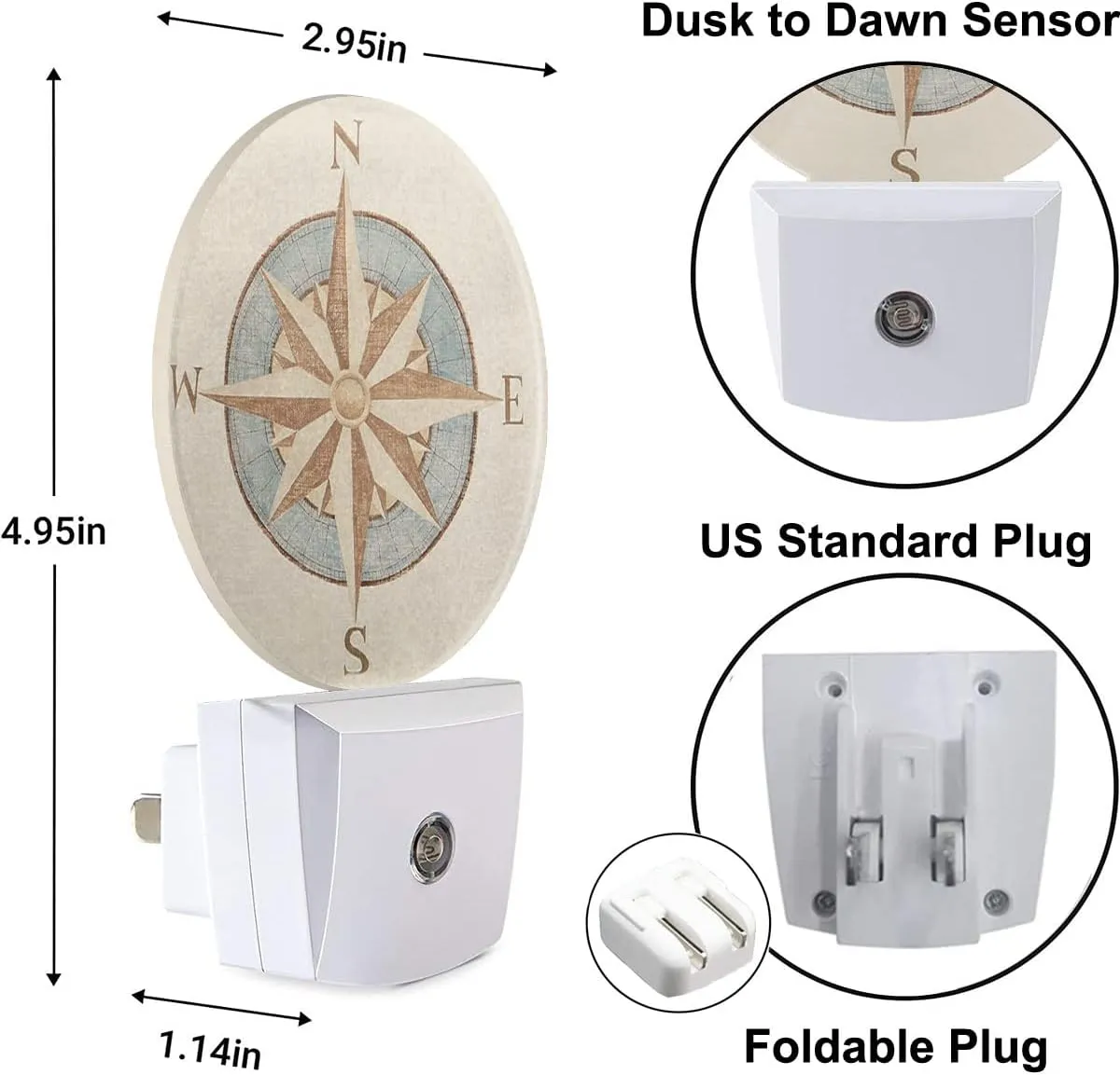 Nautical Compass Night Light Antique Windrose Navigation Wind Rose LED Dusk to Dawn Night Lamp Auto Sensor for Bedroom Bathroom Hallway Living Room