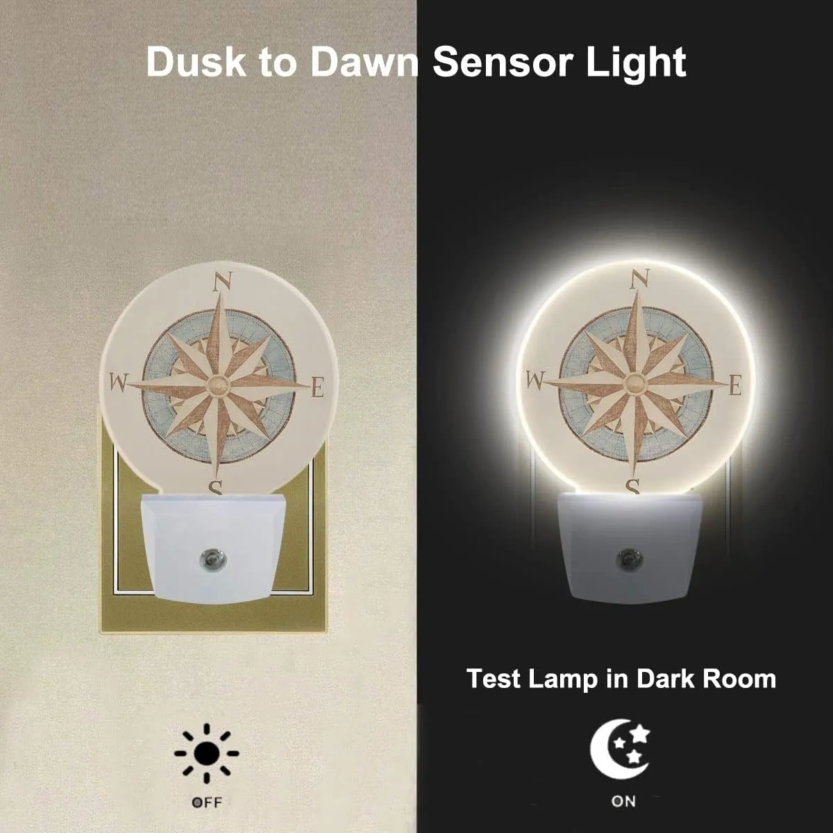 Nautical Compass Night Light Antique Windrose Navigation Wind Rose LED Dusk to Dawn Night Lamp Auto Sensor for Bedroom Bathroom Hallway Living Room