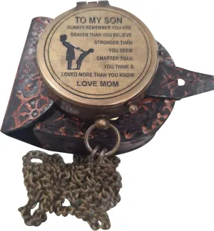 Nautical Maritime Quote Engrave Pocket Brass Compass to My Son with Leather Case Outdoor Navigation Gift Love Mom