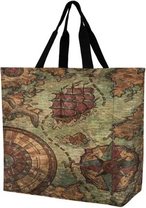 Nautical Sea Map Compass Sailing Ship Large Totes Bag Women's Casual Purses Work Handbags Shopping Bag