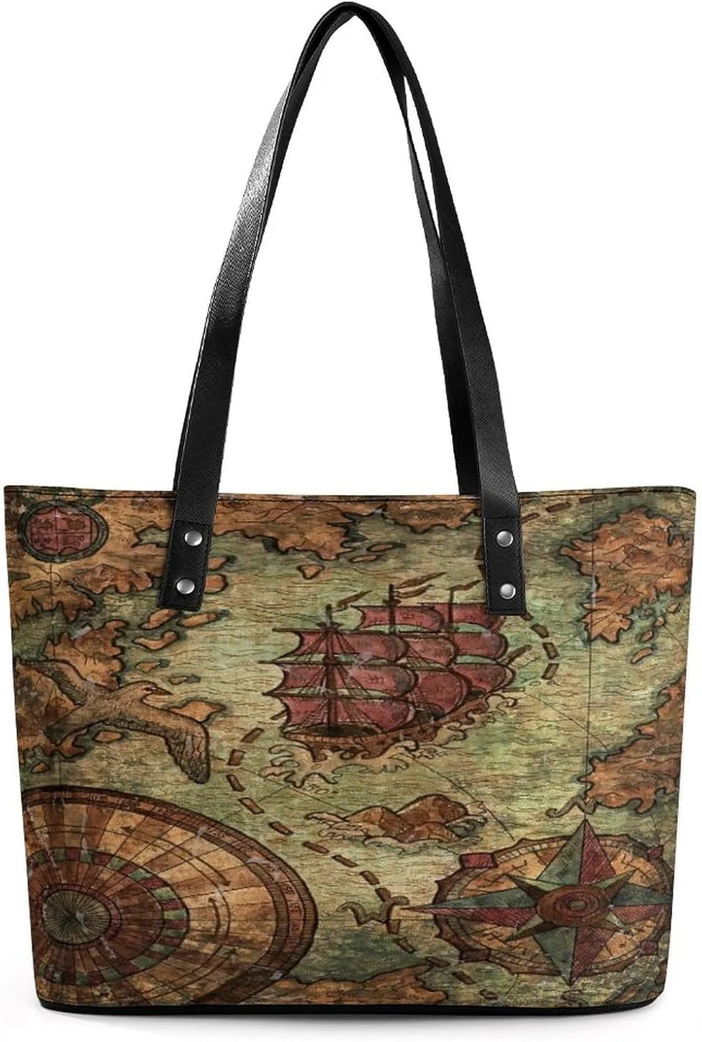 Nautical Sea Map Compass Sailing Ship Women Tote Bags Top Handle Satchel Handbags Faux Leather Tassel Shoulder Purse